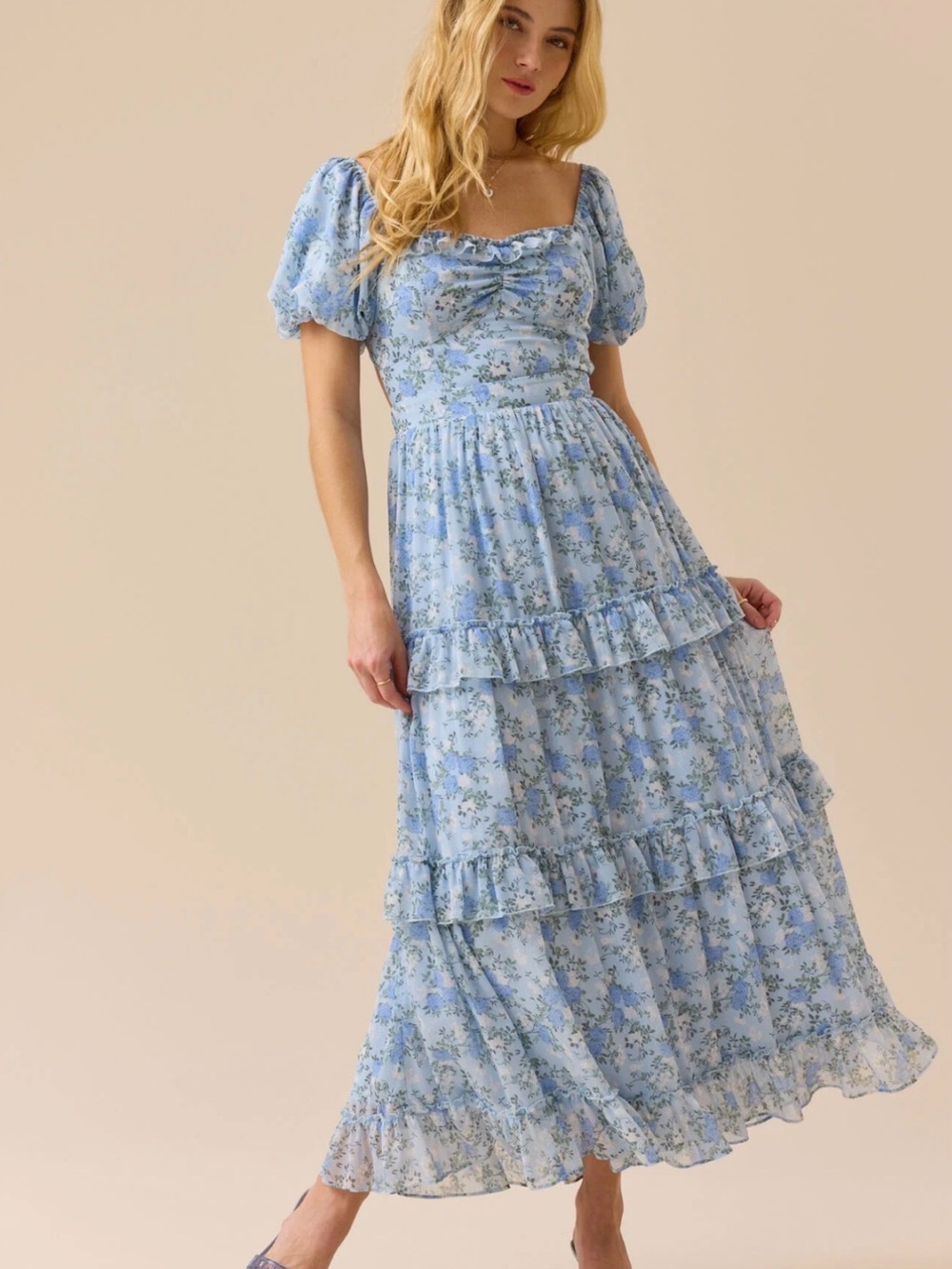 Altar'd State Blue Floral Puff-Sleeve Tiered Maxi Dress